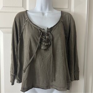 WE THE FREE Free People S/P 100% Cotton Lace Up Boho Grunge Flowing Gray Top
